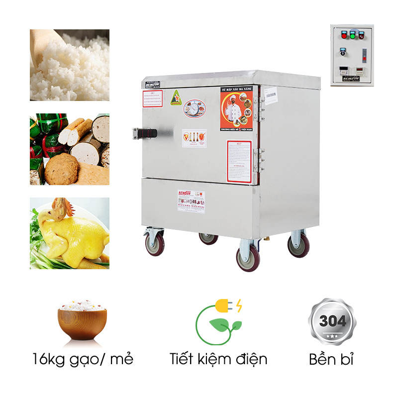 Tủ nấu cơm công nghiệp 4 khay dùng điện Việt Nam (16kg gạo/mẻ)