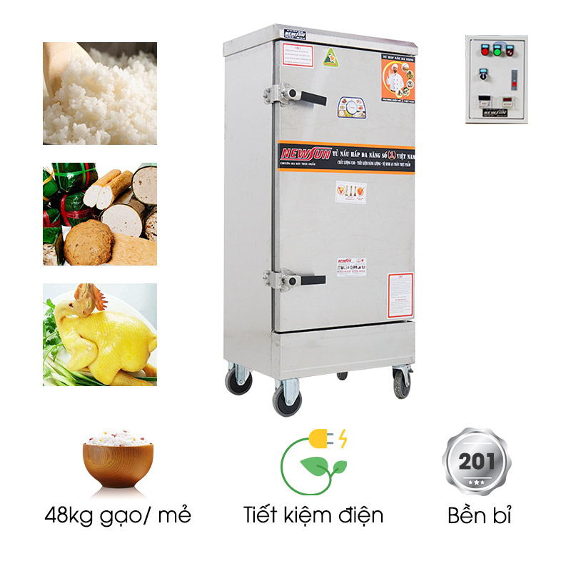 Tủ nấu cơm 12 khay dùng điện inox 201 (48kg gạo/mẻ)