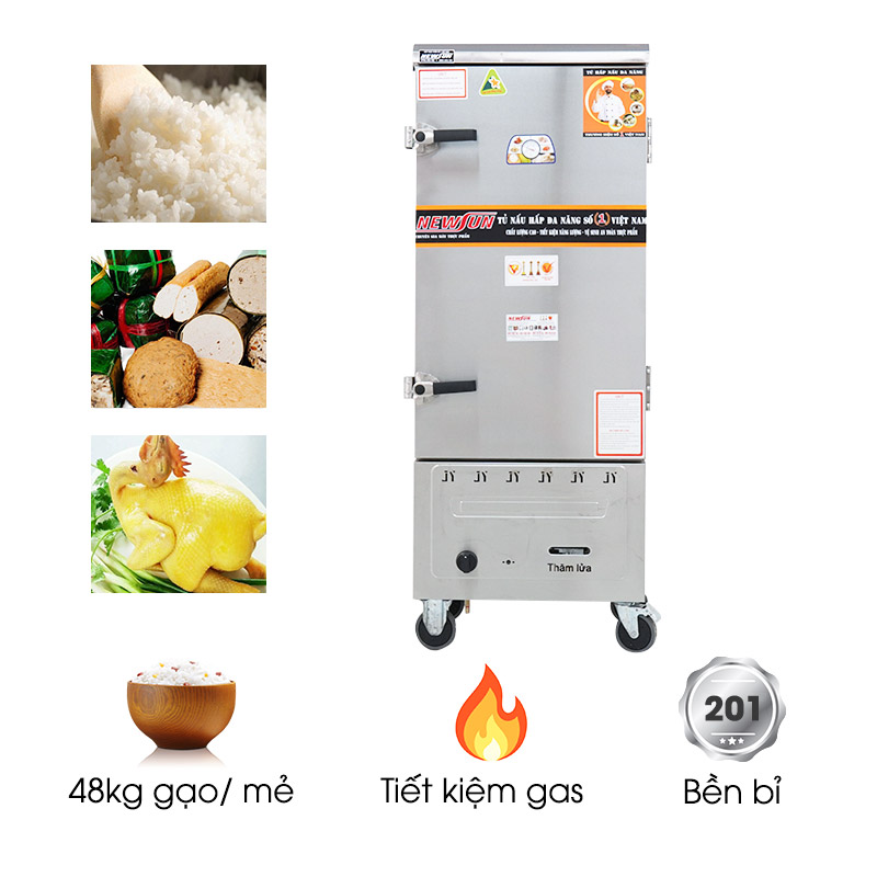 Tủ nấu cơm 12 khay dùng gas inox 201 (48kg gạo/mẻ)