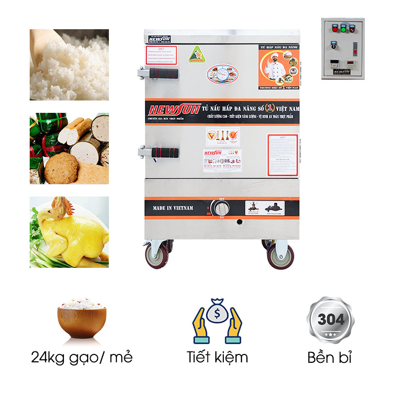 Tủ nấu cơm 6 khay dùng điện và gas Việt Nam (24kg gạo/mẻ)