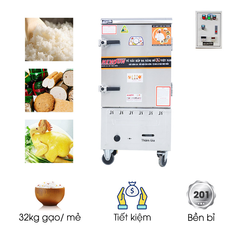 Tủ nấu cơm 8 khay dùng điện & gas inox 201 (32kg gạo/mẻ)