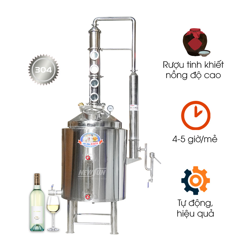 Tháp chưng cất rượu 200kg/mẻ (tháp inox 4 đĩa đồng)