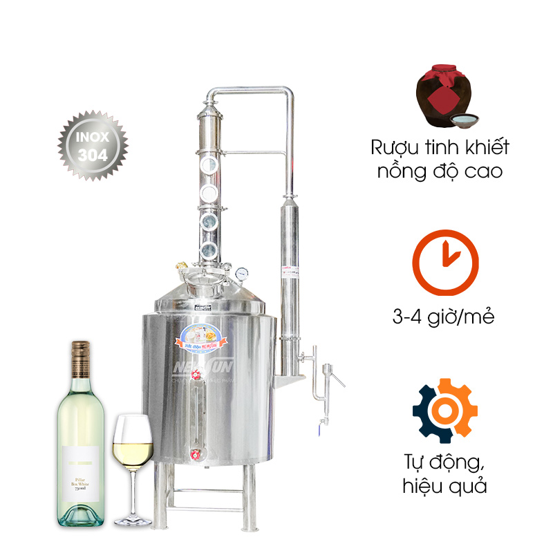 Tháp chưng cất rượu 50kg/mẻ (tháp inox 4 đĩa đồng)