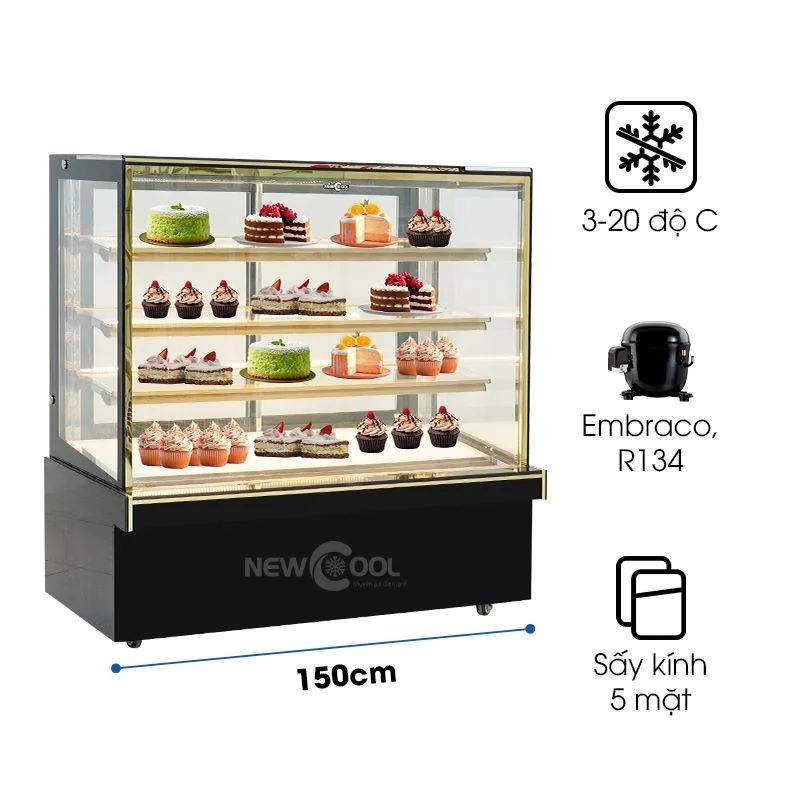 Tủ bánh kem 4 tầng 1m5 kính vuông K760V