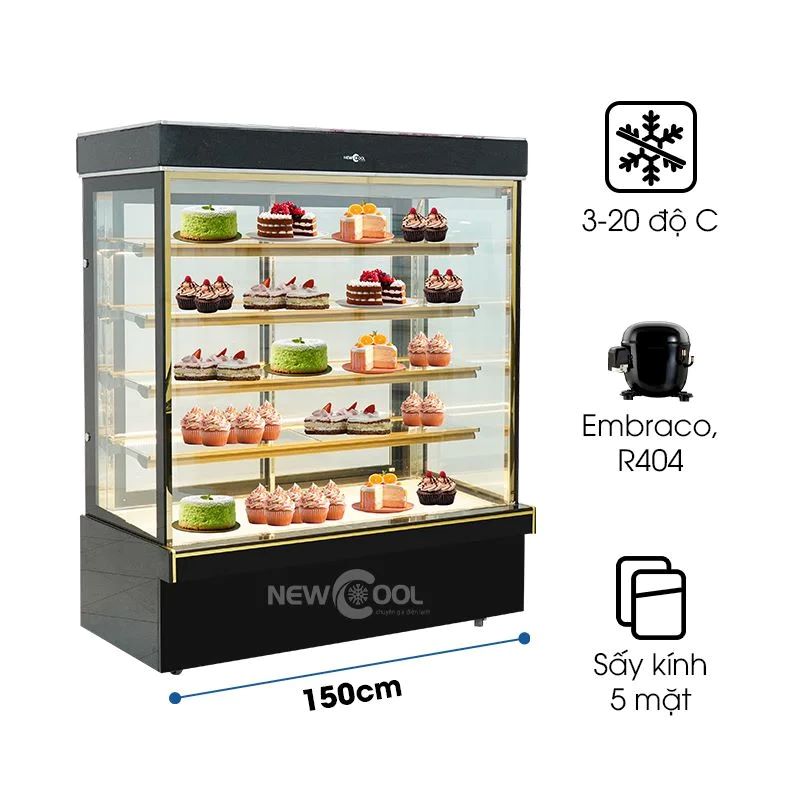 Tủ bánh kem 5 tầng 1m5 kính vuông K750-B