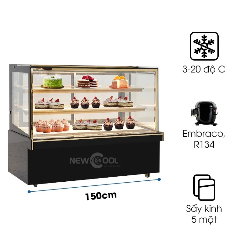 Tủ bánh kem 3 tầng 1m5 kính vuông MA650V