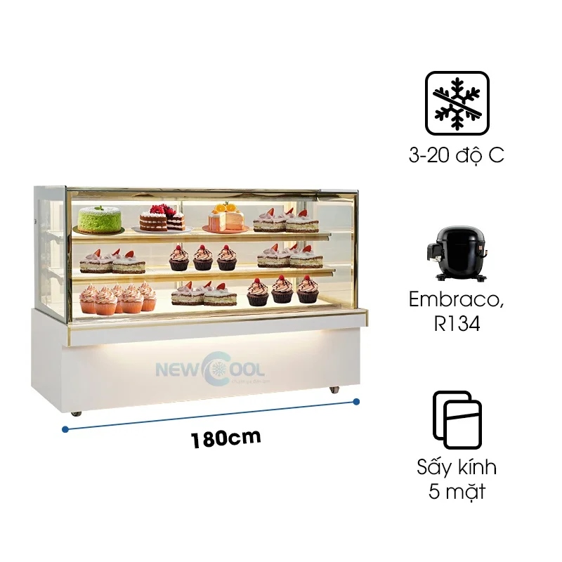 Tủ bánh kem 3 tầng 1m8 kính vuông MA660V