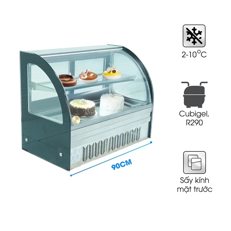 Tủ bánh kem 2 tầng 90cm kính cong để bàn DG-TY900