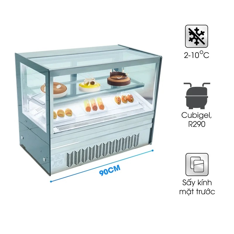 Tủ bánh kem 2 tầng 90cm kính vuông để bàn DG-TZ900