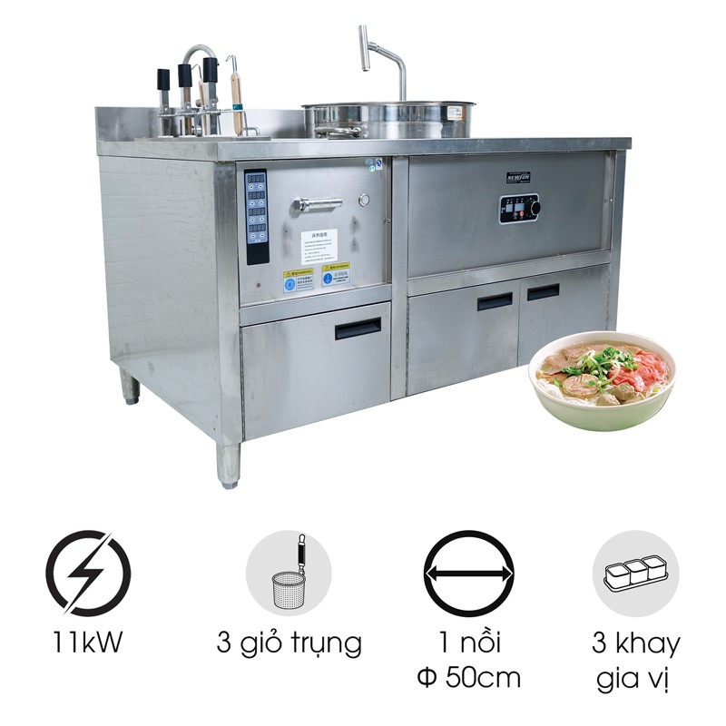 Bếp trụng mì phở nâng hạ tích hợp nồi nước dùng và khay gia vị NS-DB-3-503